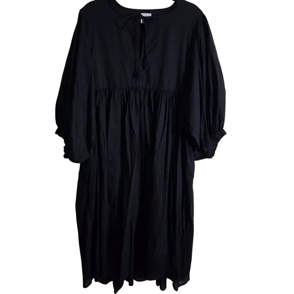 House Of Sandar Sara Midi Dress Black Oasis Flowy Puff Sleeve Tie Neck Size XXL